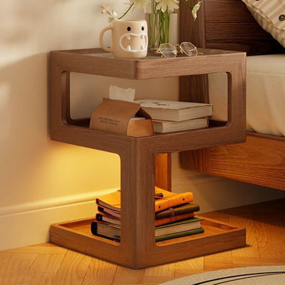 Modern Minimalist Square Rubberwood Glass Nightstand 2-Shelf For Bedroom