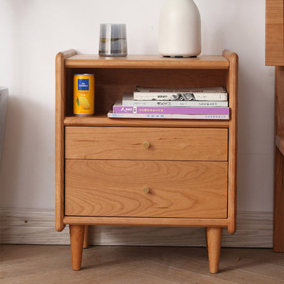 Contemporary Retro Cubic Square Cherry Wood Oak Walnut Nightstand 2-Drawer For Bedside