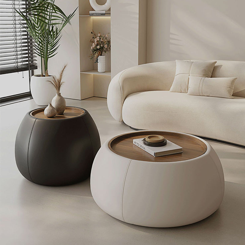 Contemporary Nordic Round Cylinder Walnut Wood Leather Coffee Table 1-Storage For Living Room