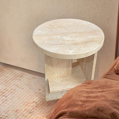 Contemporary Nordic Round Crossed Base Travertine Chrysoprase Side Table 2-Shelf For Bedside