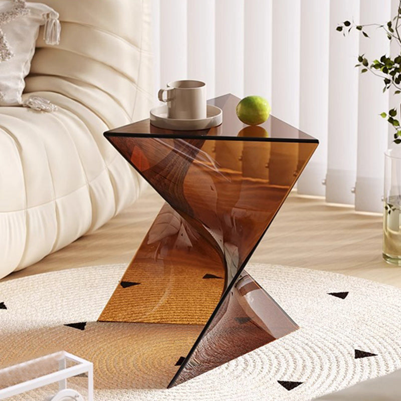 Modern Minimalist Geometric Corner Triangle Marble Glass Wood End Table 1-Tier For Living Room