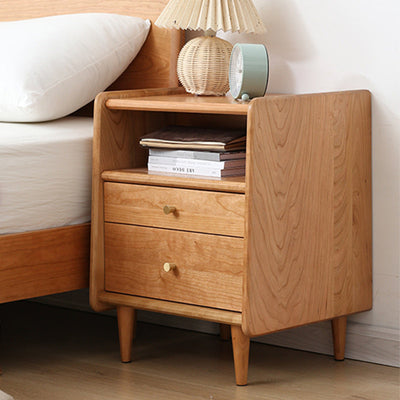 Contemporary Retro Cubic Square Cherry Wood Oak Walnut Nightstand 2-Drawer For Bedside