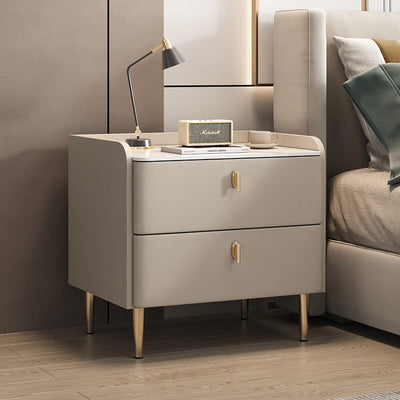 Modern Minimalist Square Leather Solid Wood Rock Plate Alloy Carbon Steel Nightstand 2-Drawer For Bedroom