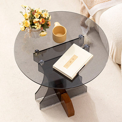 Modern Minimalist Round Strip Base Glass Solid Wood Coffee Table For Living Room