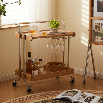 Contemporary Retro Rectangular Wood Glass Stainless Steel Removable End Table 2-Tier For Living Room