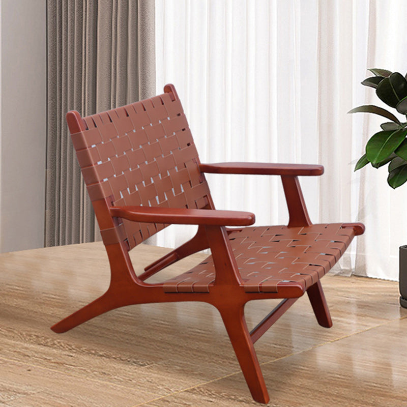 Contemporary Retro Ash Wood Saddle Leather Weaving Square Accent Chair Backrest Armrest Footrest For Living Room