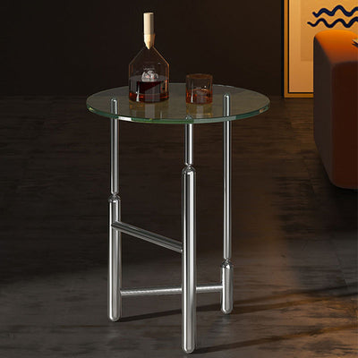 Modern Minimalist Cylinder Round Glass Iron End Table 1-Tier For Living Room