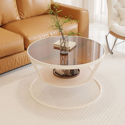 Modern Luxury Round Tempered Glass Iron End Table 2-Tier For Living Room