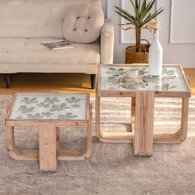 Contemporary Scandinavian Square Glass Wood Coffee Table For Living Room