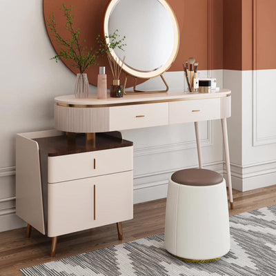 Modern Minimalist Cylinder Round Napa Leather Solid Wood Iron Vanity Stool Backless Armless For Bedroom