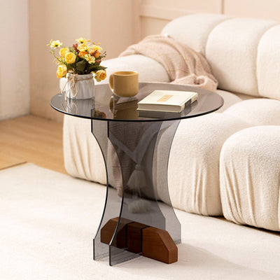 Modern Minimalist Round Strip Base Glass Solid Wood Coffee Table For Living Room