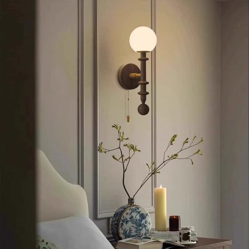 Traditional French Magic Bean Cylinder Glass Ash Wood Hardware 1-Light Wall Sconce Lamp For Living Room