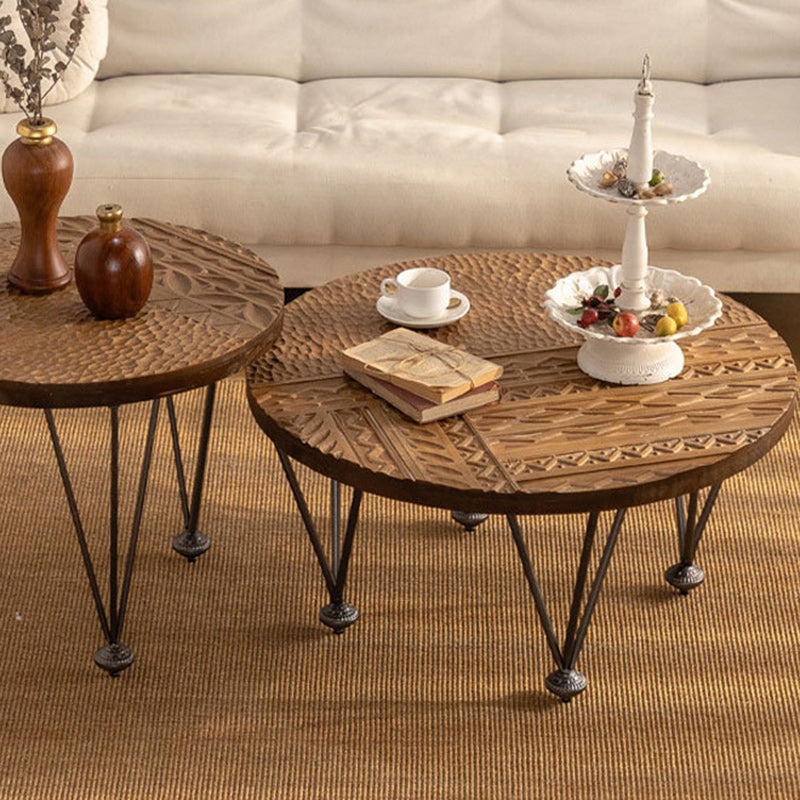 Traditional Rustic Round Density Plate Solid Wood Iron Coffee Table For Living Room