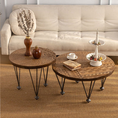 Traditional Rustic Round Density Plate Solid Wood Iron Coffee Table For Living Room