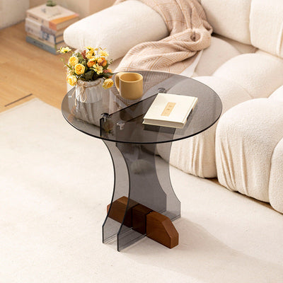 Modern Minimalist Round Strip Base Glass Solid Wood Coffee Table For Living Room