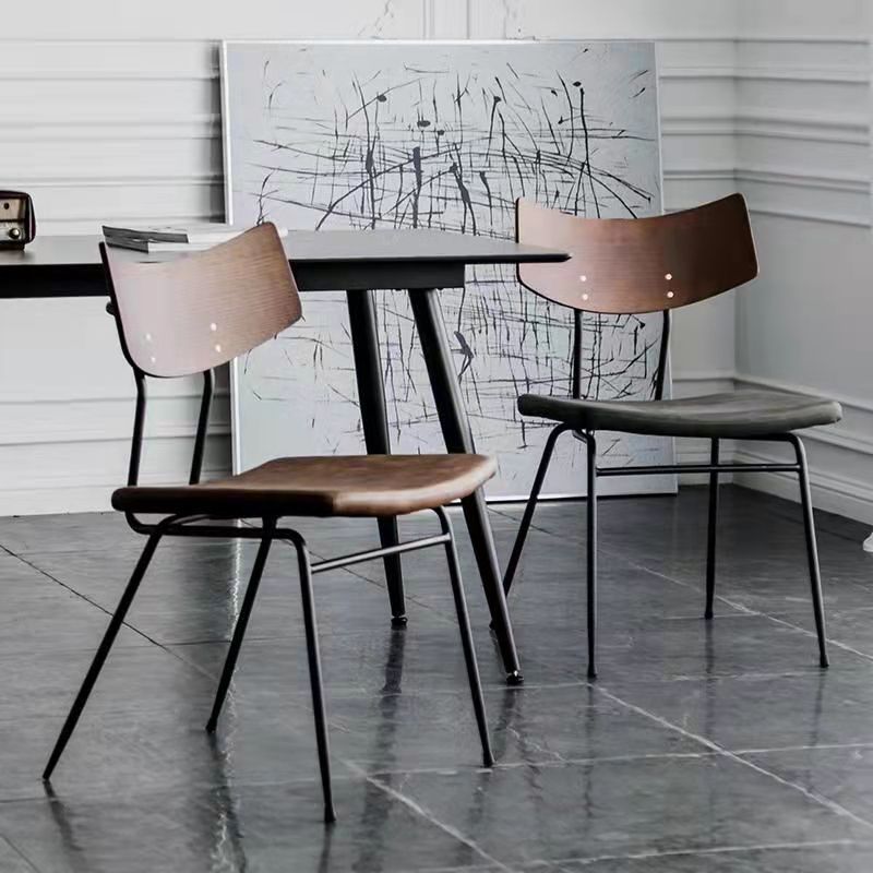 Contemporary Industrial Curved Square PU Leather Iron Dining Chair Backrest Armless For Dining Room