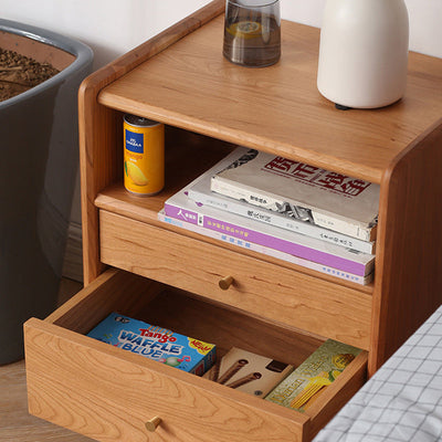 Contemporary Retro Cubic Square Cherry Wood Oak Walnut Nightstand 2-Drawer For Bedside