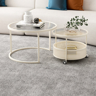 Contemporary Nordic Round Combination Glass Carbon Steel Metal Coffee Table 2-Tier Movable For Living Room