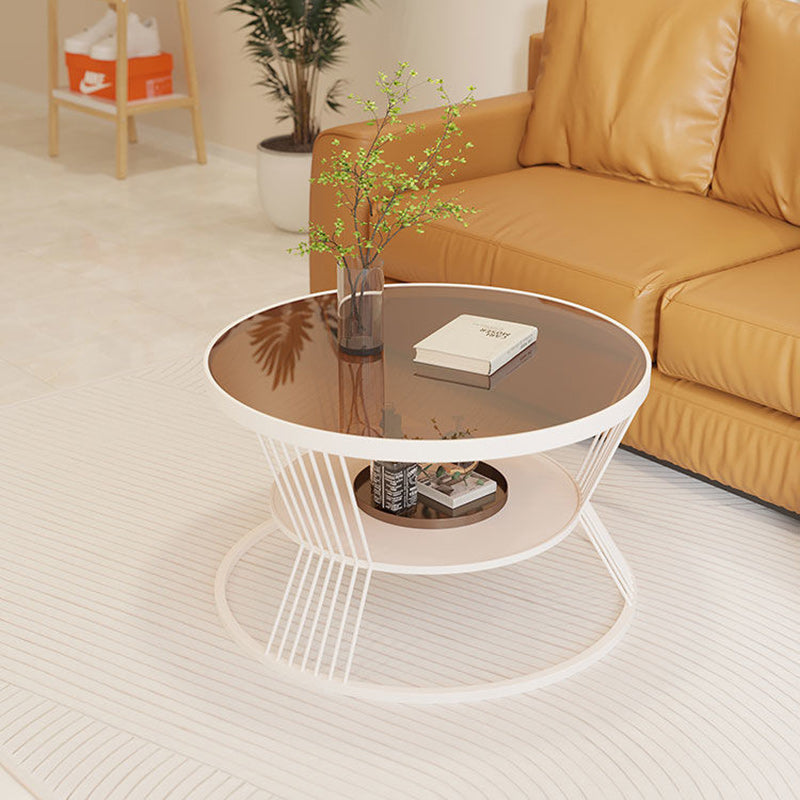 Modern Luxury Round Tempered Glass Iron End Table 2-Tier For Living Room