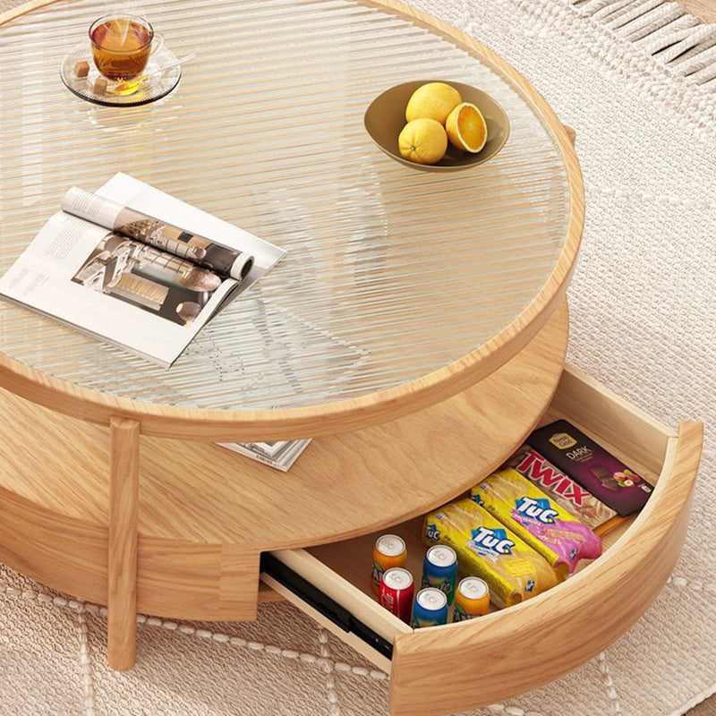 Contemporary Japanese Square Round Glass Wood End Table 2-Tier For Living Room