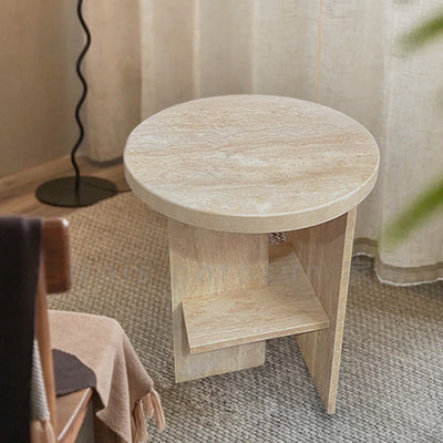 Contemporary Nordic Round Crossed Base Travertine Chrysoprase Side Table 2-Shelf For Bedside