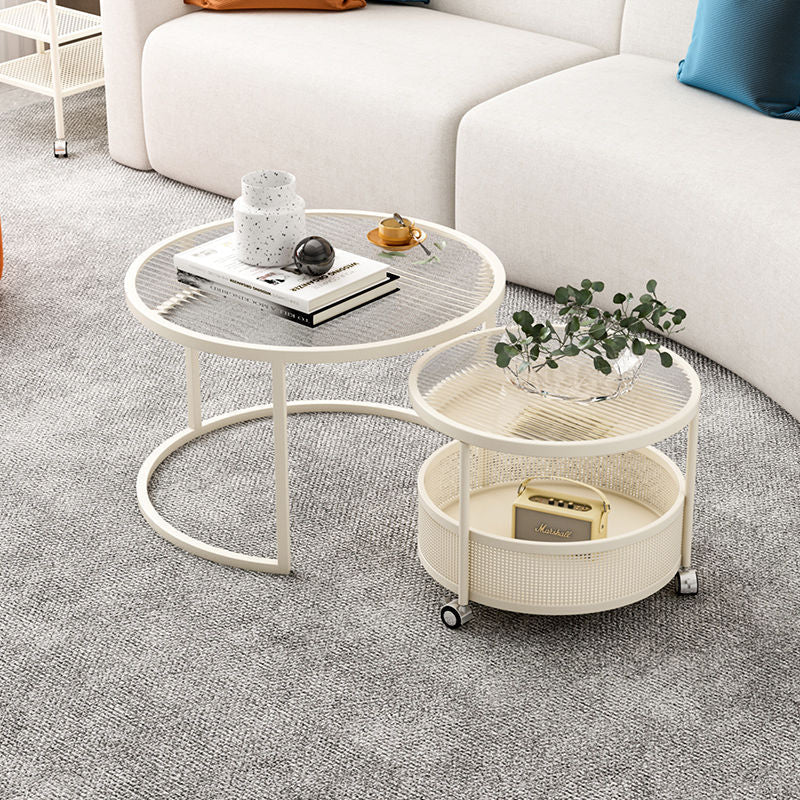 Contemporary Nordic Round Combination Glass Carbon Steel Metal Coffee Table 2-Tier Movable For Living Room