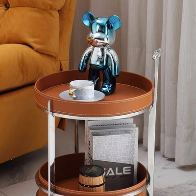 Modern Luxury Round Leather Stainless Steel End Table 2-Tier For Living Room