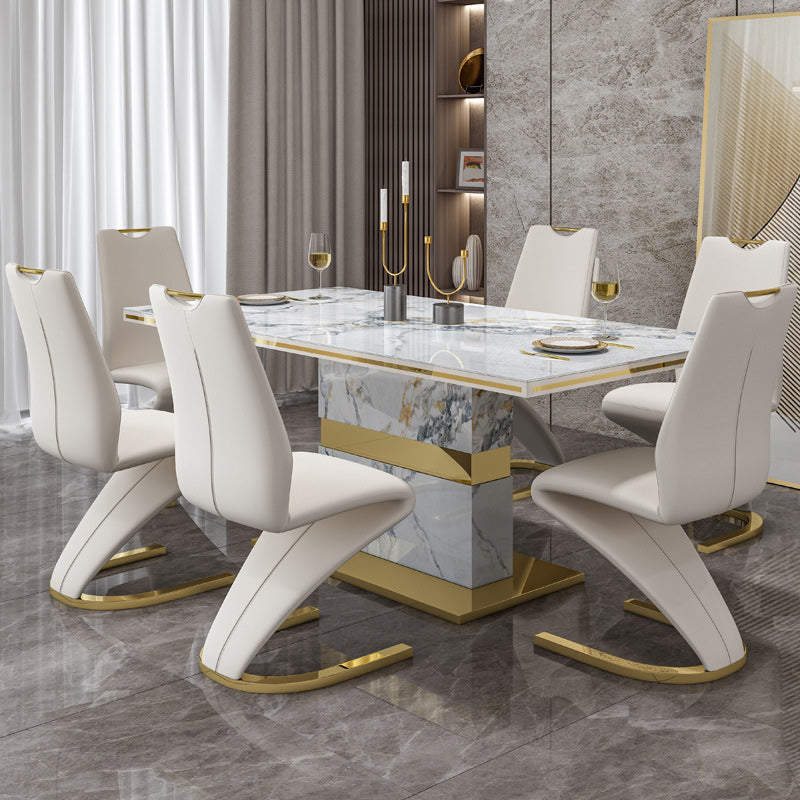 Modern Minimalist U-Shaped Chassis Rectangle Leather Titanium Gold Silver-Plated Dining Chair Backrest Armless For Dining Room