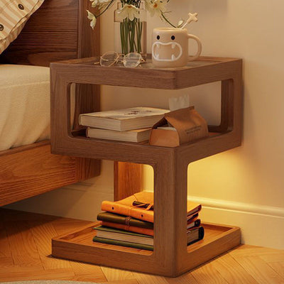 Modern Minimalist Square Rubberwood Glass Nightstand 2-Shelf For Bedroom