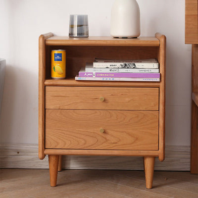 Contemporary Retro Cubic Square Cherry Wood Oak Walnut Nightstand 2-Drawer For Bedside