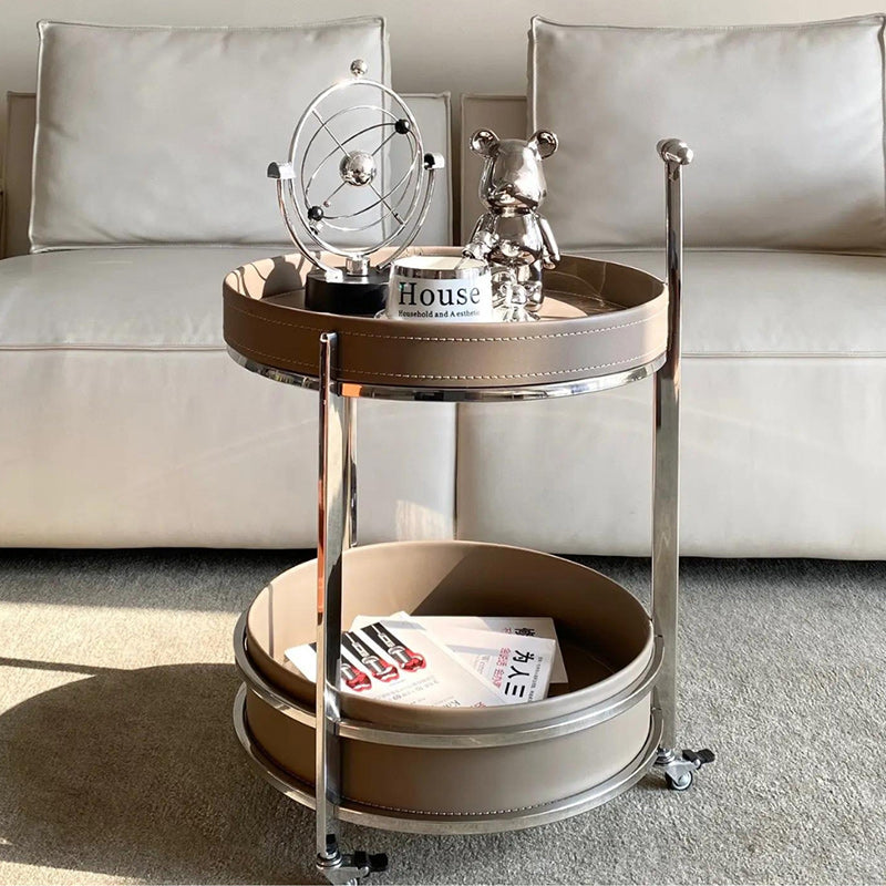 Modern Luxury Round Leather Stainless Steel End Table 2-Tier For Living Room