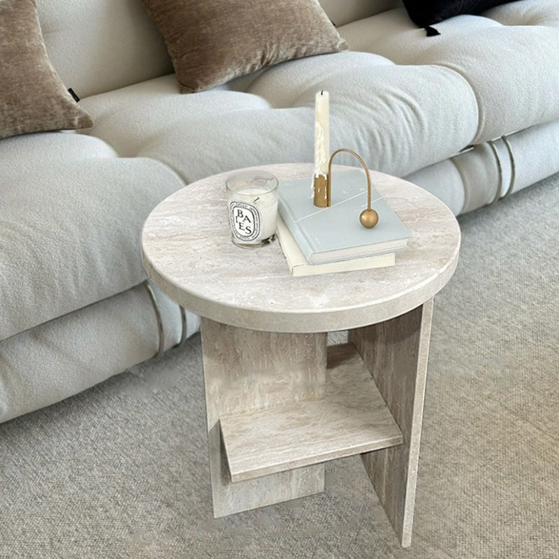 Contemporary Nordic Round Crossed Base Travertine Chrysoprase Side Table 2-Shelf For Bedside