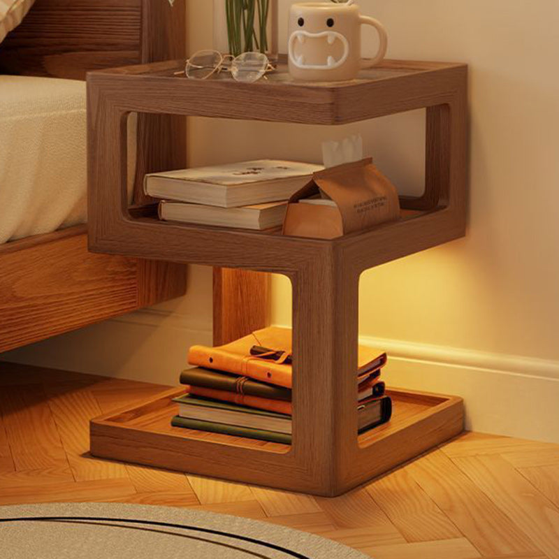 Modern Minimalist Square Rubberwood Glass Nightstand 2-Shelf For Bedroom