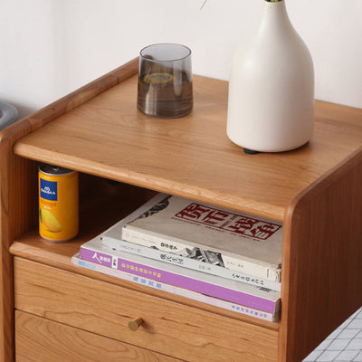 Contemporary Retro Cubic Square Cherry Wood Oak Walnut Nightstand 2-Drawer For Bedside