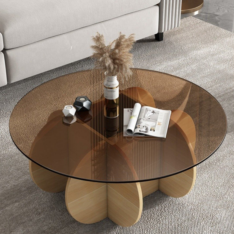 Modern Luxury Round Oval Cross Base Glass Plank Coffee Table For Living Room