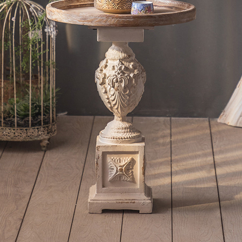 Traditional French Round Square Base Carved Magnesium Oxide Wood End Table For Living Room