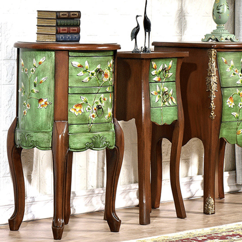 Traditional European Square Round Flower Painted Birch Rubber Wood MDF Metal Side Table 2-Drawer For Living Room