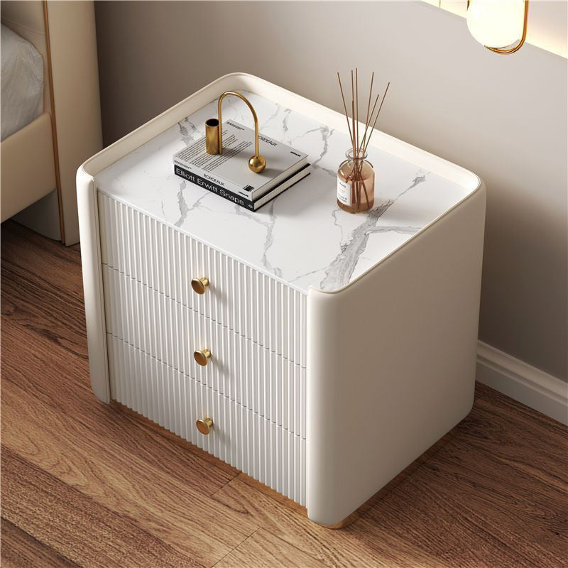 Modern Minimalist Rectangular Round Corner Wood Rock Slab Leather Metal Nightstand 3-Drawer For Bedroom