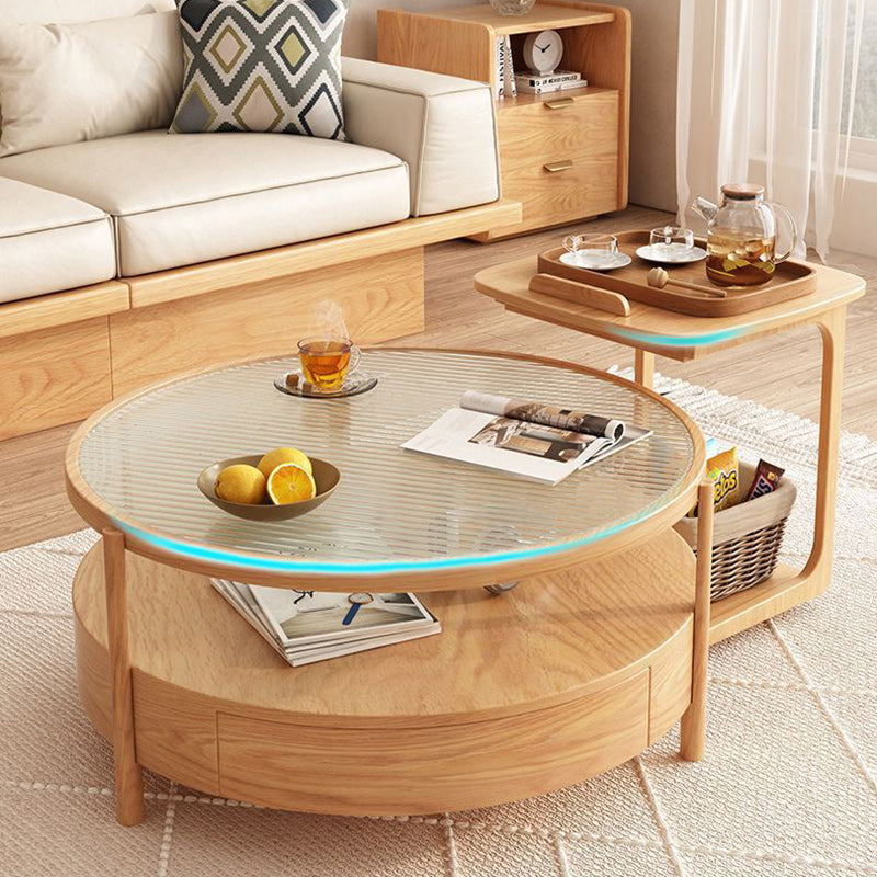 Contemporary Japanese Square Round Glass Wood End Table 2-Tier For Living Room