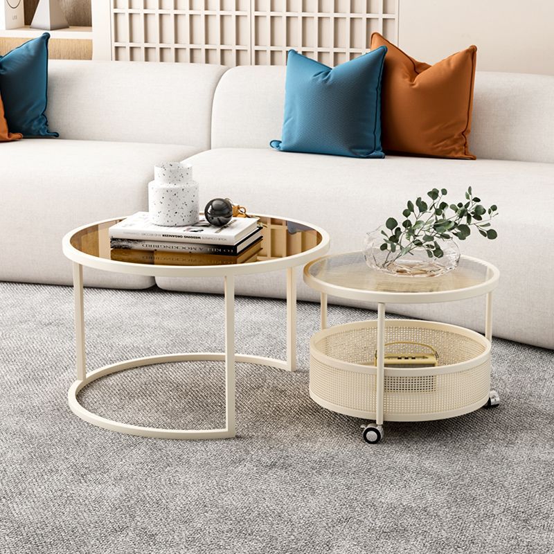 Contemporary Nordic Round Combination Glass Carbon Steel Metal Coffee Table 2-Tier Movable For Living Room