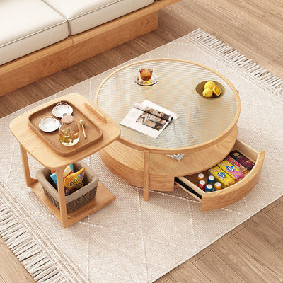 Contemporary Japanese Square Round Glass Wood End Table 2-Tier For Living Room