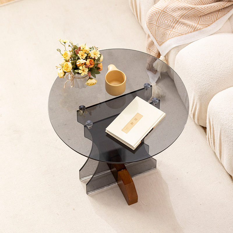 Modern Minimalist Round Strip Base Glass Solid Wood Coffee Table For Living Room