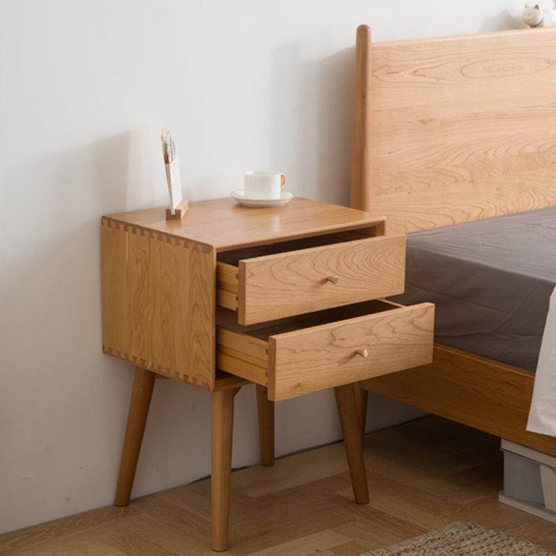 Contemporary Nordic Square Solid Wood Nightstand 2-Drawer For Bedroom