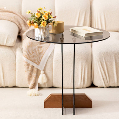 Modern Minimalist Round Strip Base Glass Solid Wood Coffee Table For Living Room