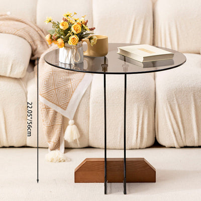 Modern Minimalist Round Strip Base Glass Solid Wood Coffee Table For Living Room