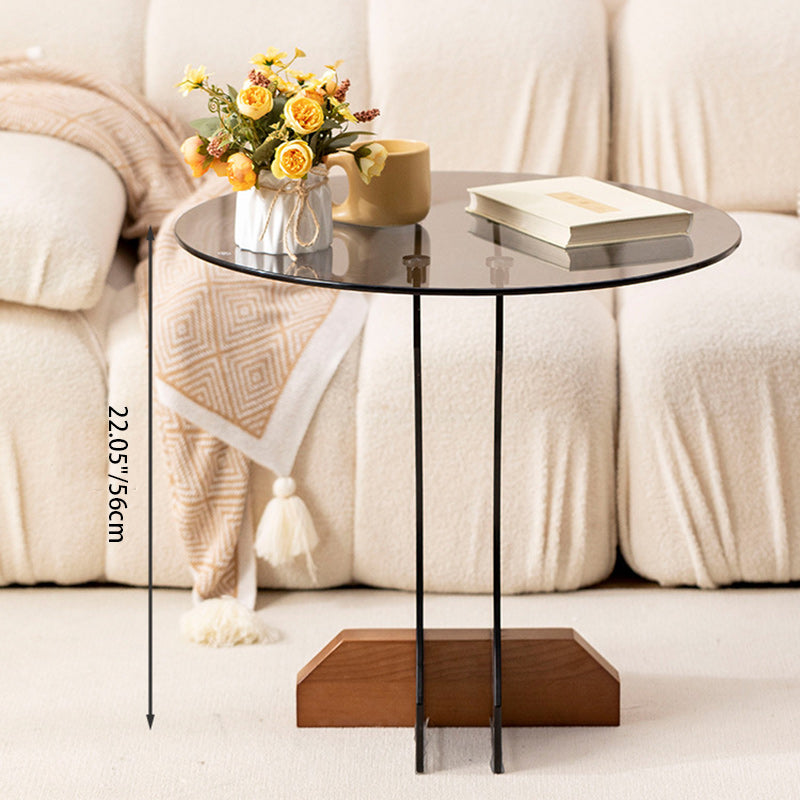 Modern Minimalist Round Strip Base Glass Solid Wood Coffee Table For Living Room