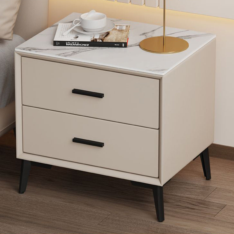 Modern Luxury Square Microfiber Leather Stone Veneer Solid Wood Panel Nightstand 2-Drawer For Bedroom