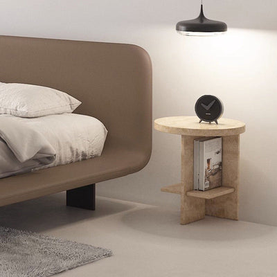 Contemporary Nordic Round Crossed Base Travertine Chrysoprase Side Table 2-Shelf For Bedside