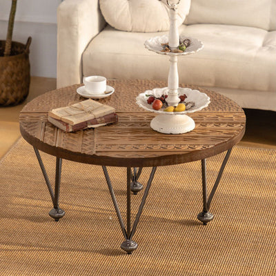 Traditional Rustic Round Density Plate Solid Wood Iron Coffee Table For Living Room