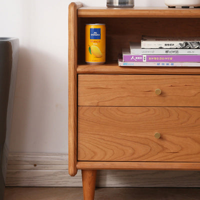 Contemporary Retro Cubic Square Cherry Wood Oak Walnut Nightstand 2-Drawer For Bedside